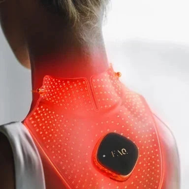 FAQ Red light mask on woman's neck back view