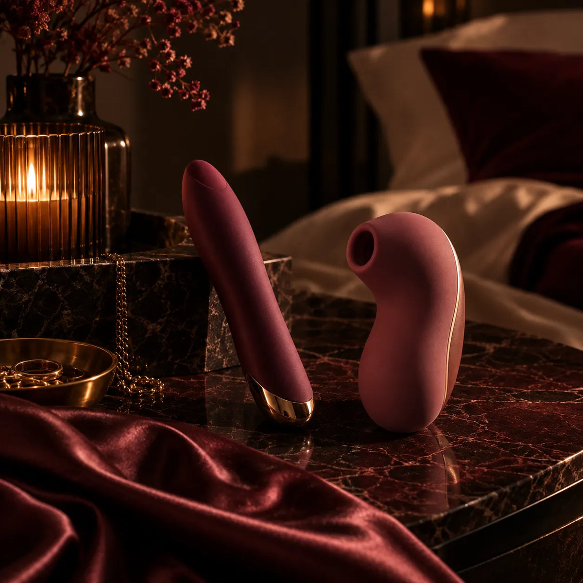 Air pulse stimulator and vibrator in a luxury bedroom setting