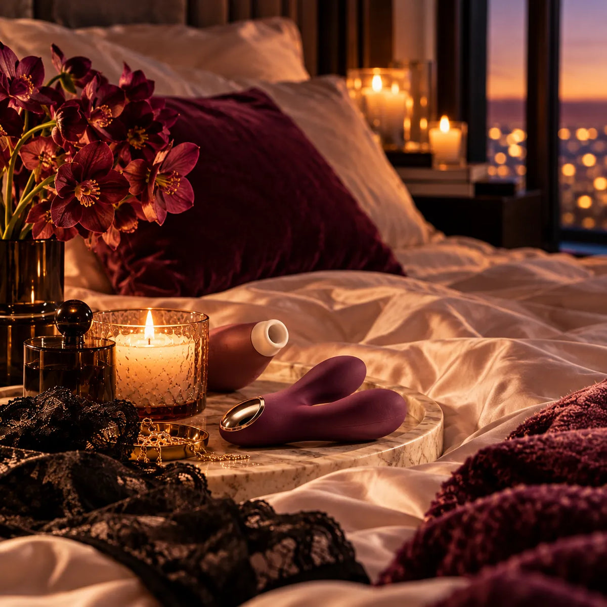 bedside with purple flowers and purple vibrator