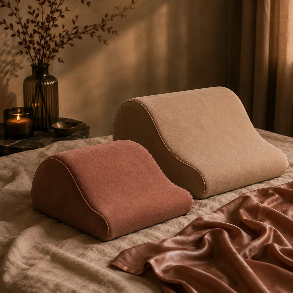 two velvet pillows by a pink satin sheet
