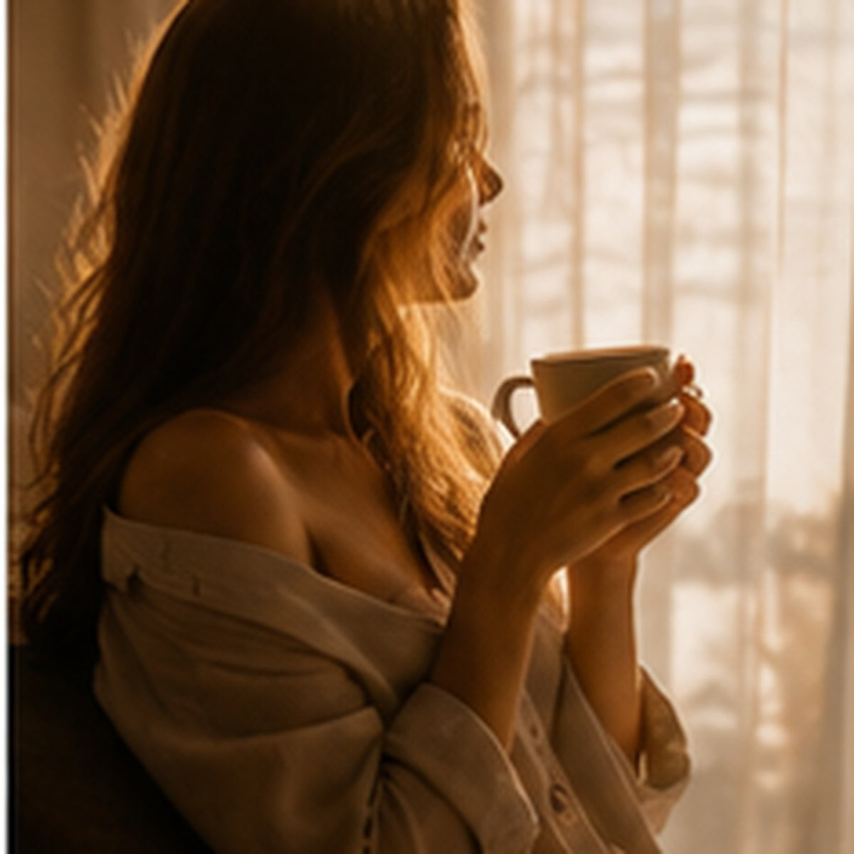 woman holding coffee mug looking out curtains