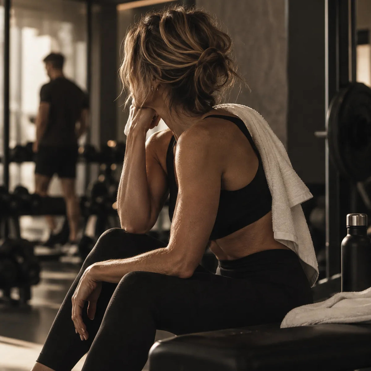 woman sitting at the gym with a man's sillouette in background