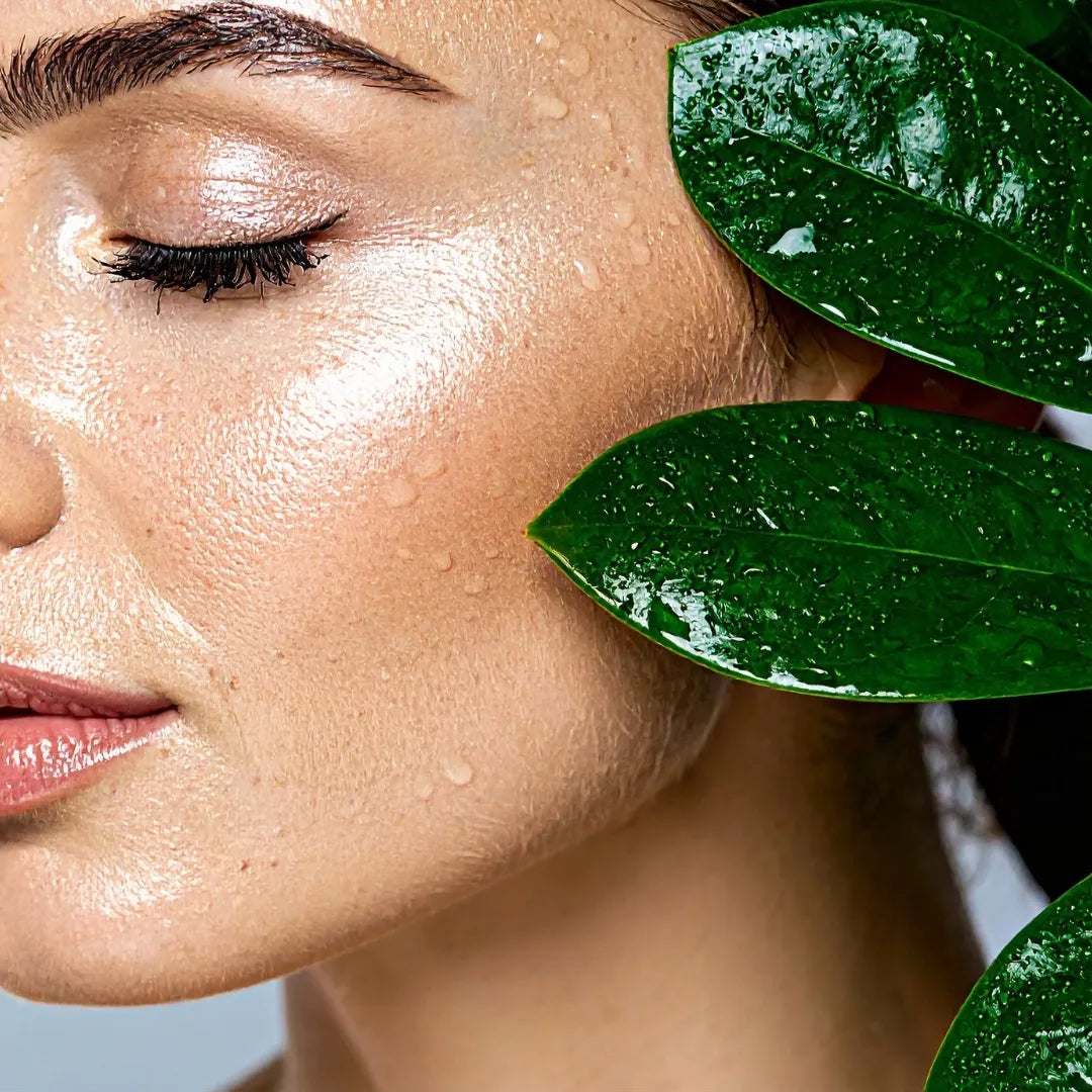 close up of woman's damp face beside green leaves