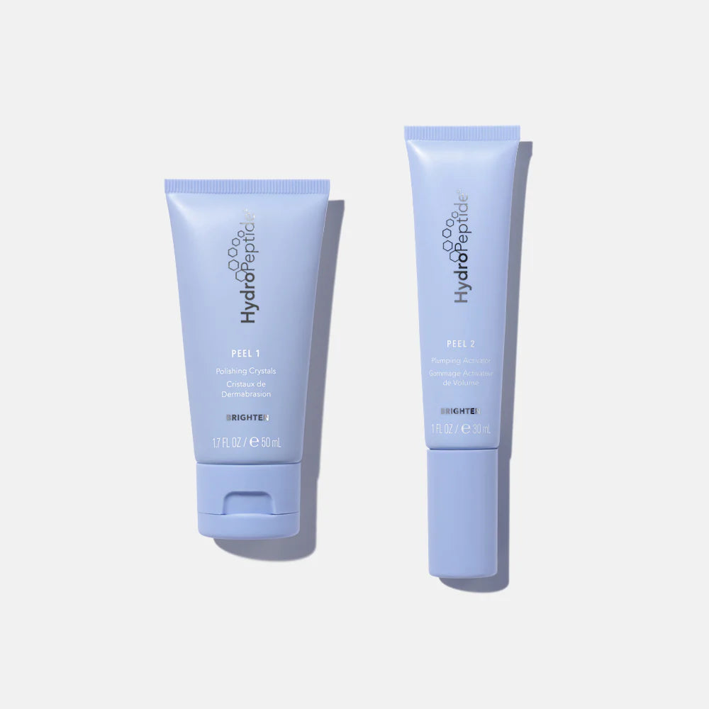 Two blue skincare products with 'HydroPeptide' branding on a light gray background