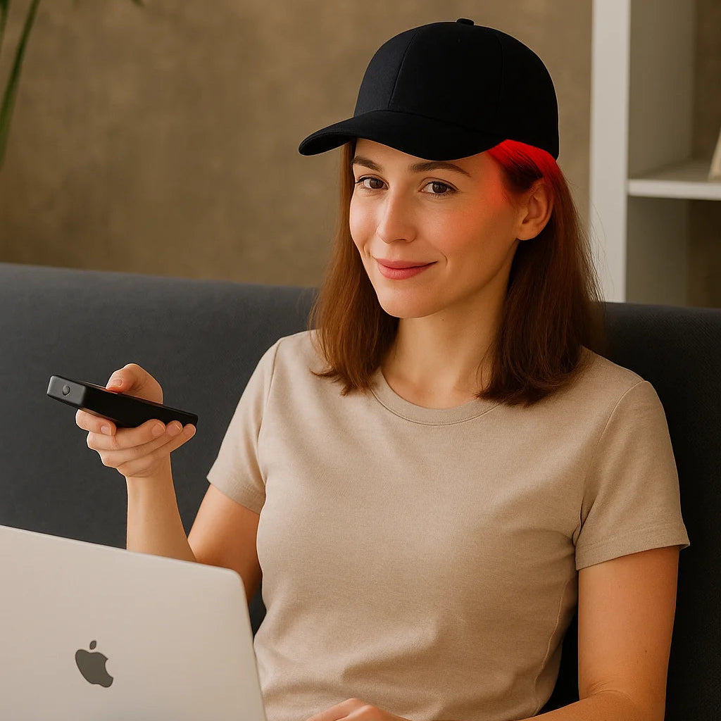 woman wearing red light hat while engaging in daily activities, such as watching tv
