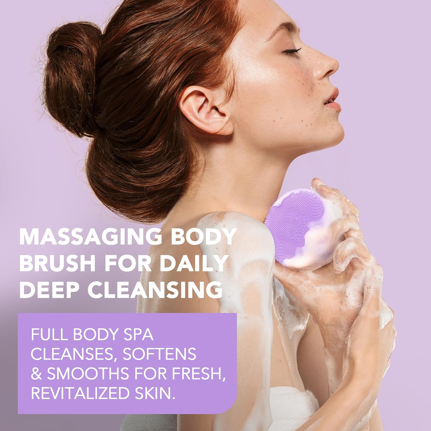 Woman using a massage brush with text about daily deep cleansing and full body spa cleanses.