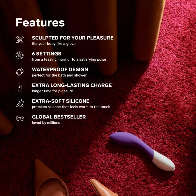 A promotional graphic with text listing product features over a close-up of a purple and white personal massager on a red textured surface, with partial brown objects framing the scene.
