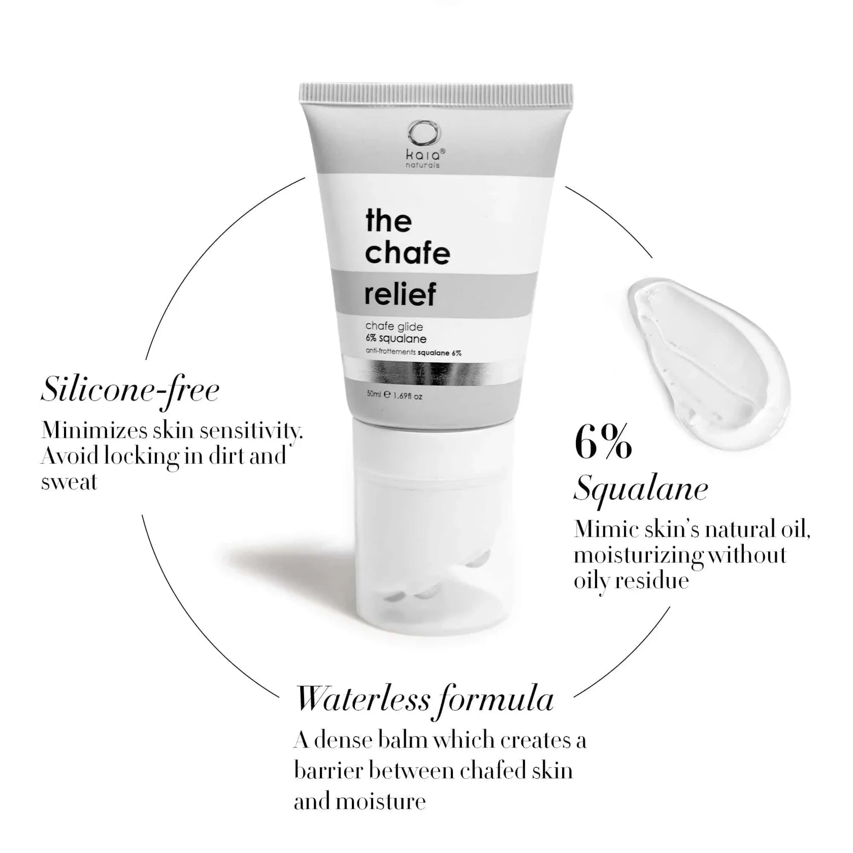 Tube of 'the chafe relief' balm with product details on a white background
