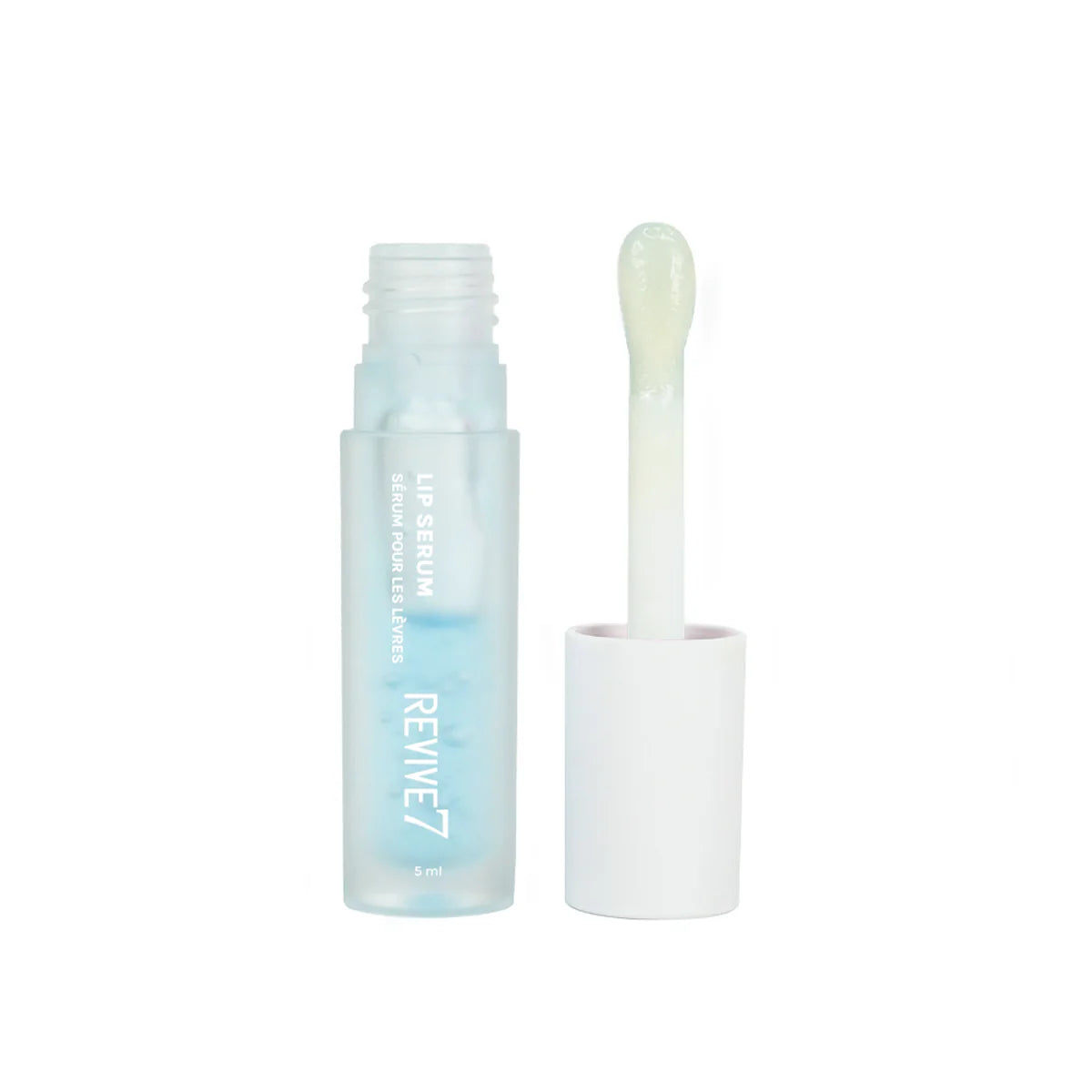 A tube of Revive7 Lip Serum with the cap removed, showing a clear liquid inside with a pink applicator beside it.