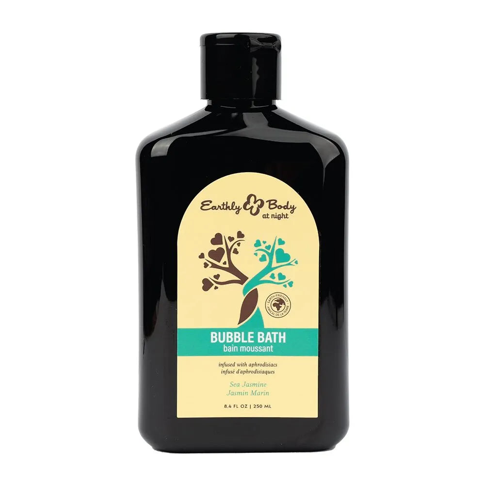 Black bottle of Earthly Body bubble bath with a yellow label on a white background