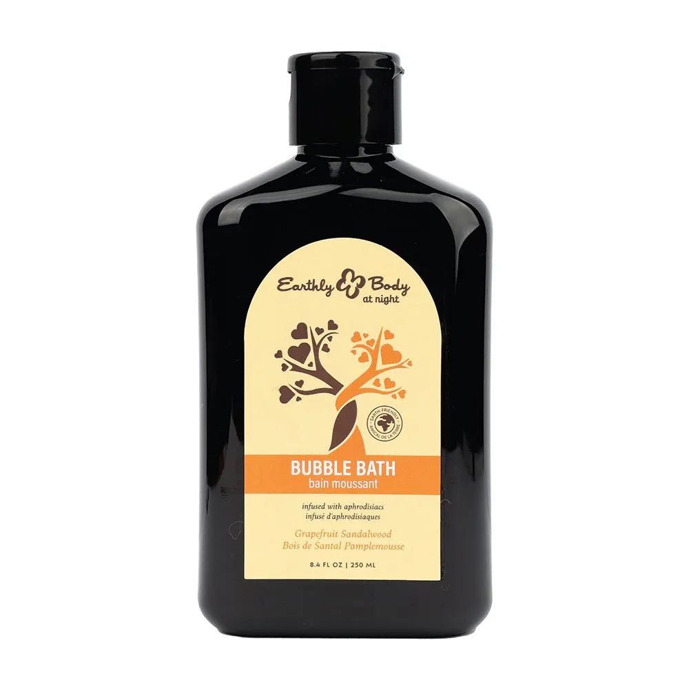 Black bottle of Earthly Body Grapefruit sandalwood bubble bath with a beige label on a white background