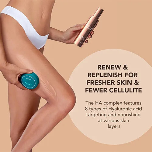 Person holding skincare products with text about skin renewal and cellulite reduction on a beige background
