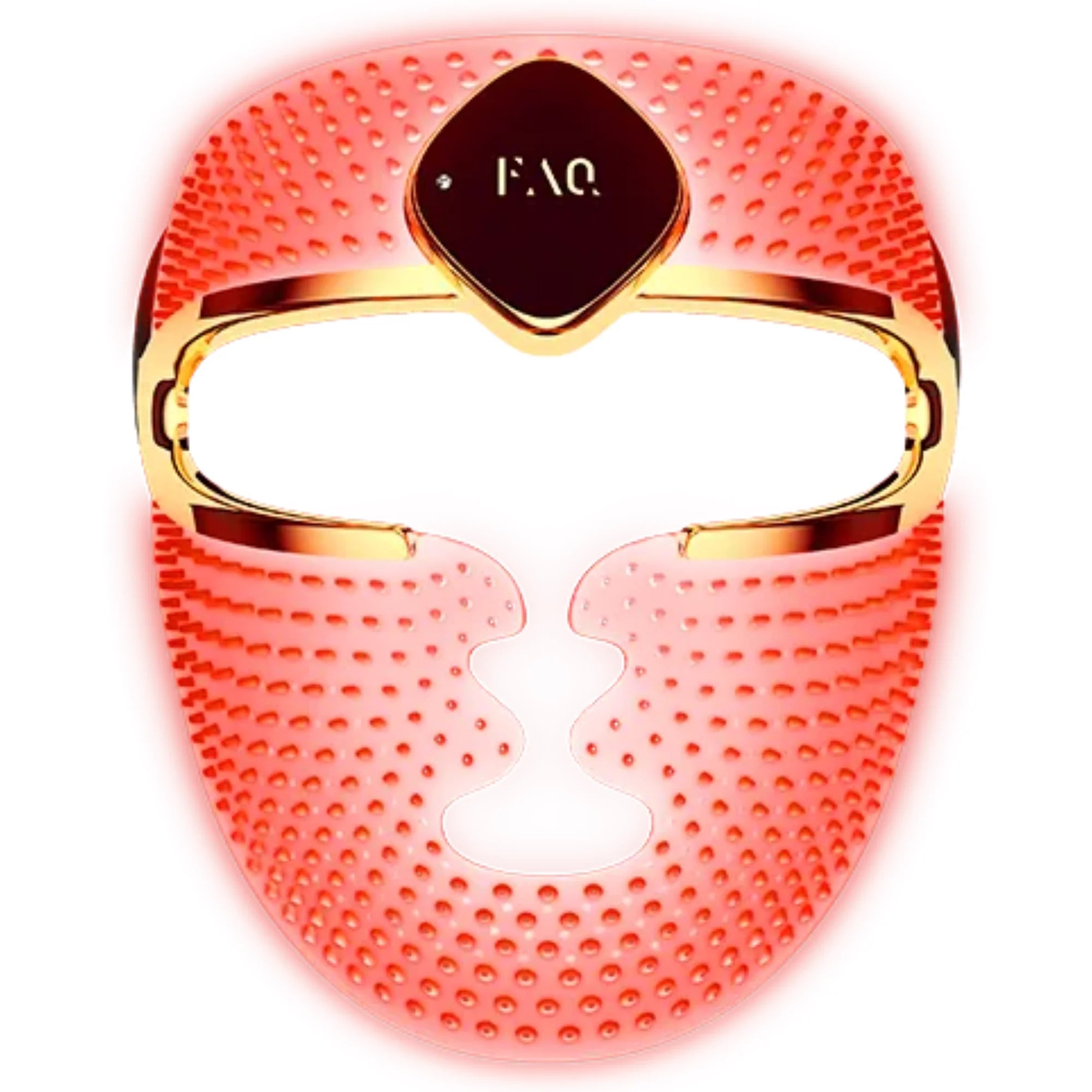 Red LED face mask with gold accents and 'FAQ' branding on a white background