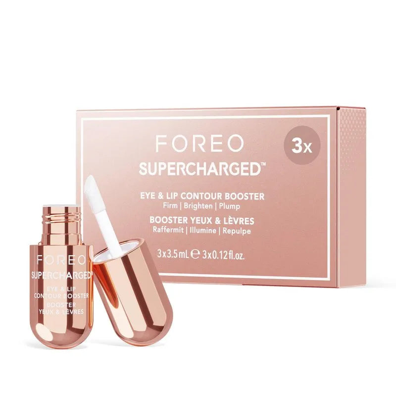 FOREO Supercharged Eye & Lip Contour Booster with packaging on a white background