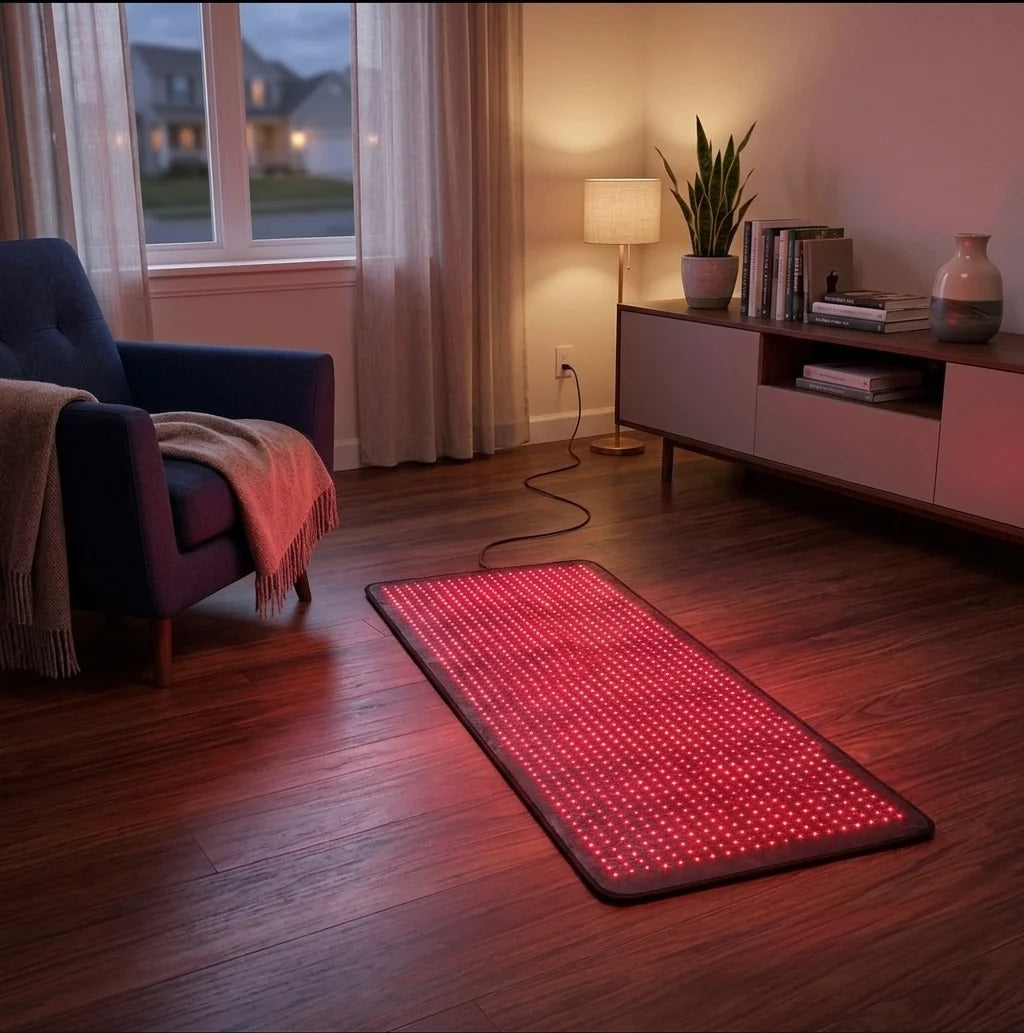 a red light mat plugged in on floor