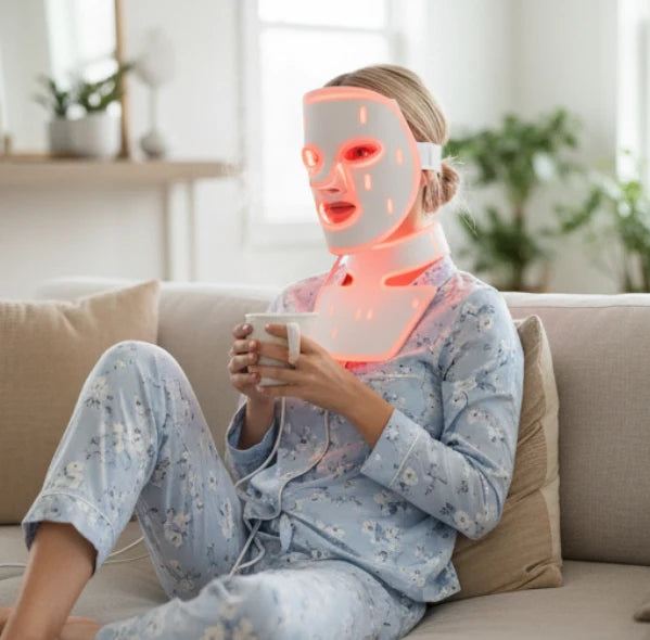 woman wearing red light face and neck masks drinking coffee in pajamas