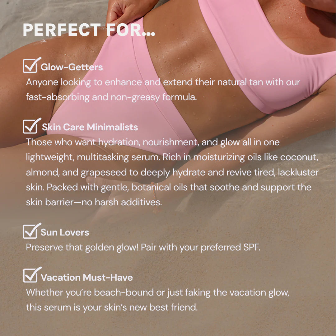 Person wearing pink bikini with text about a skin care serum for glow, hydration, nourishment, and sun protection.