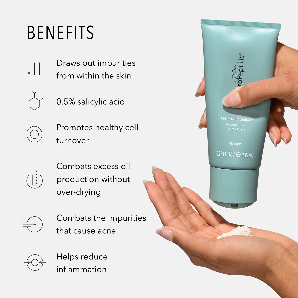 HydroPeptide product with benefits listed on a white background
