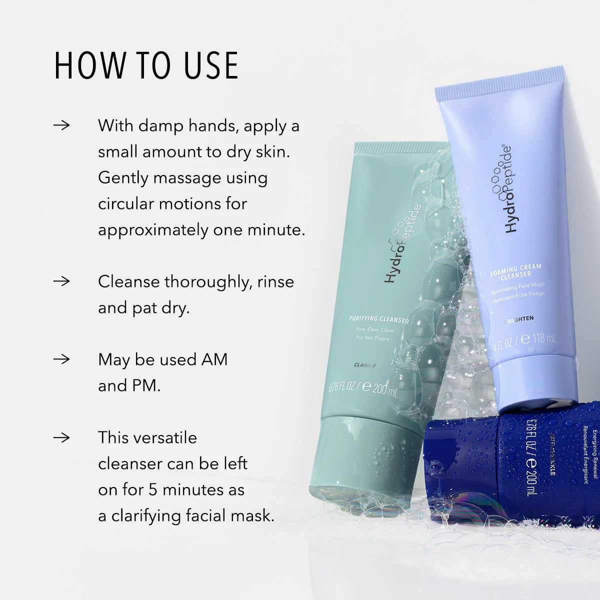 Cosmetic products with usage instructions on a white background