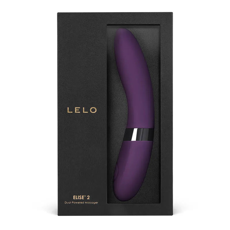 LELO Elise 2 Dual Stimulation Vibrator in purple, shown inside its black textured retail packaging box with gold lettering.