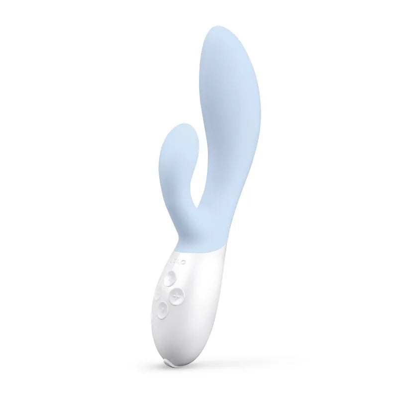 Silicone sex toy with blue top and white bottom on a white background, featuring the Lelo brand.