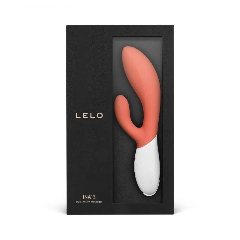 LELO INA 3 dual-action massager in black packaging on a white background