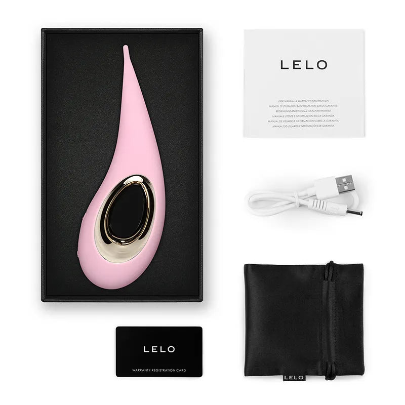 Pink and gold device with LELO branding, packaging, and accessories on a white background