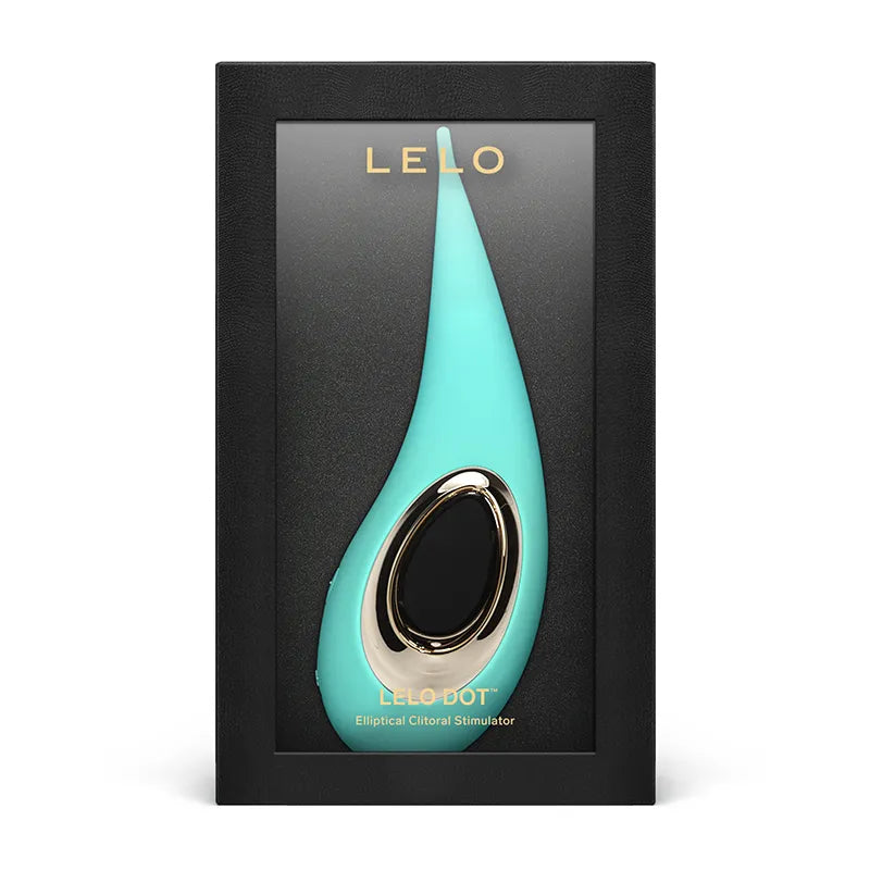 Turquoise and gold clitoral stimulator in Lelo packaging on a white background
