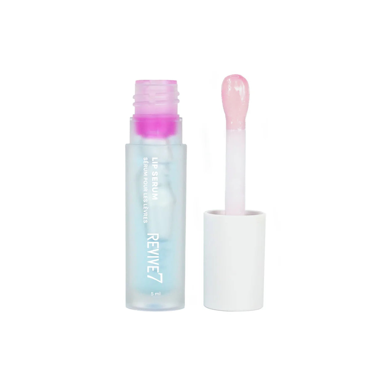 A tube of Revive7 Lip Serum with the cap removed, showing a clear liquid inside with a pink applicator beside it.