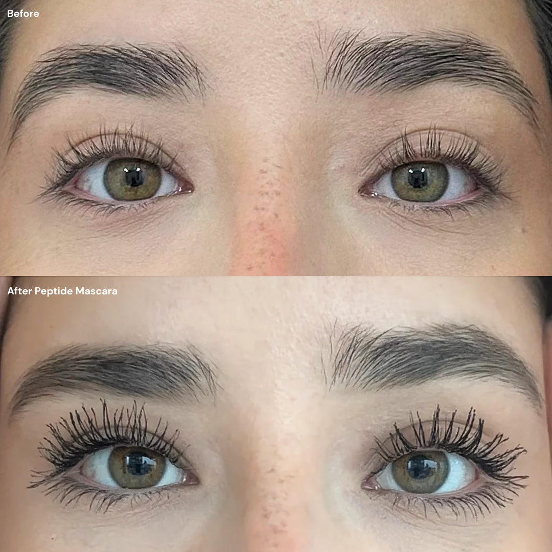 Before and after comparison of eyes with peptide mascara application