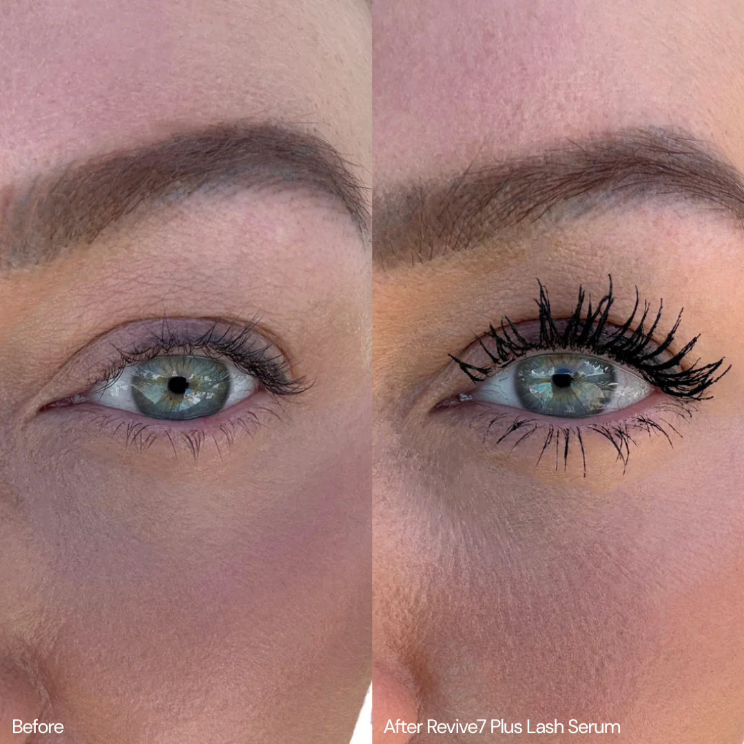 Before and after comparison of eyes with Revive7 Plus Lash Serum application.