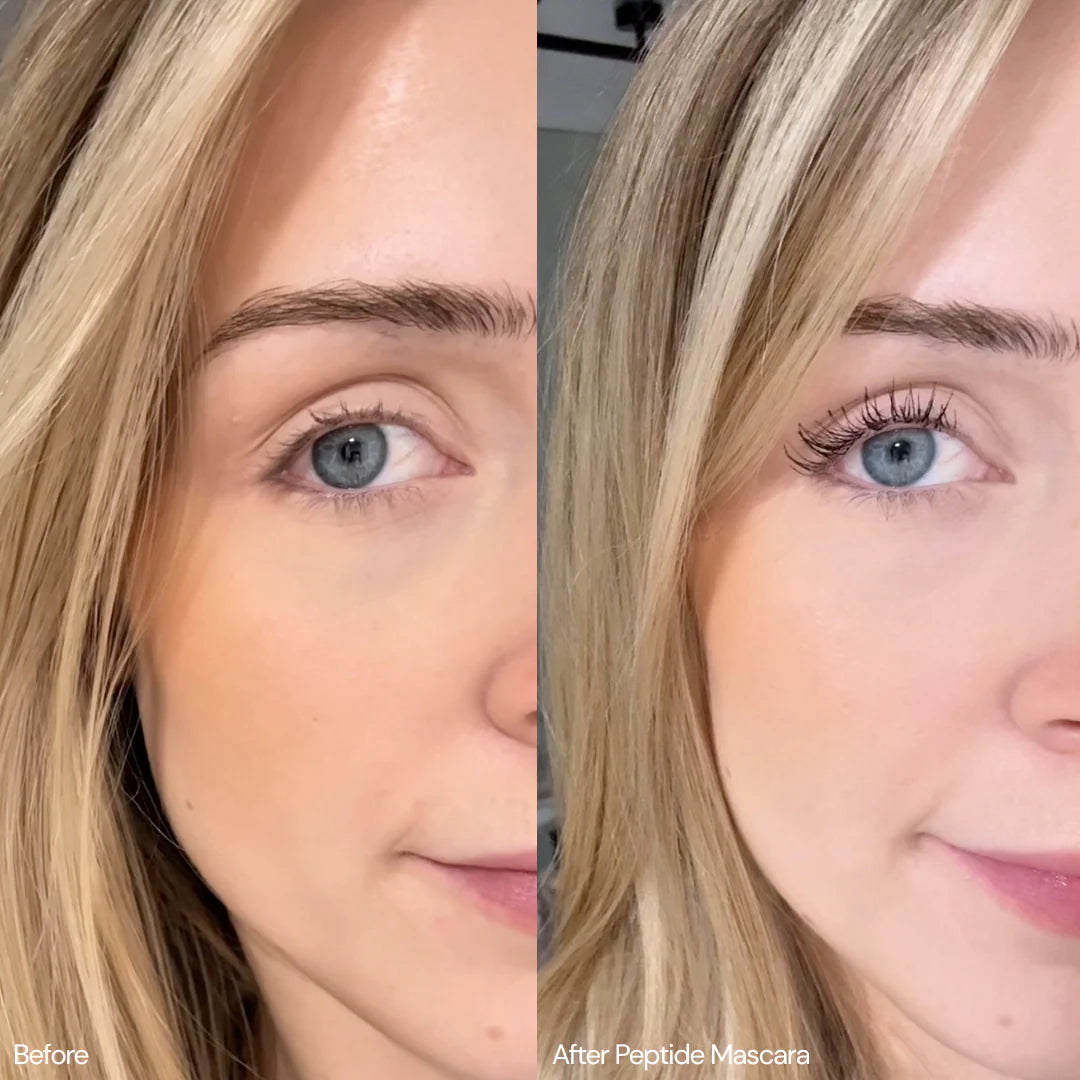 Before and after comparison of a woman's eyes with peptide mascara application.