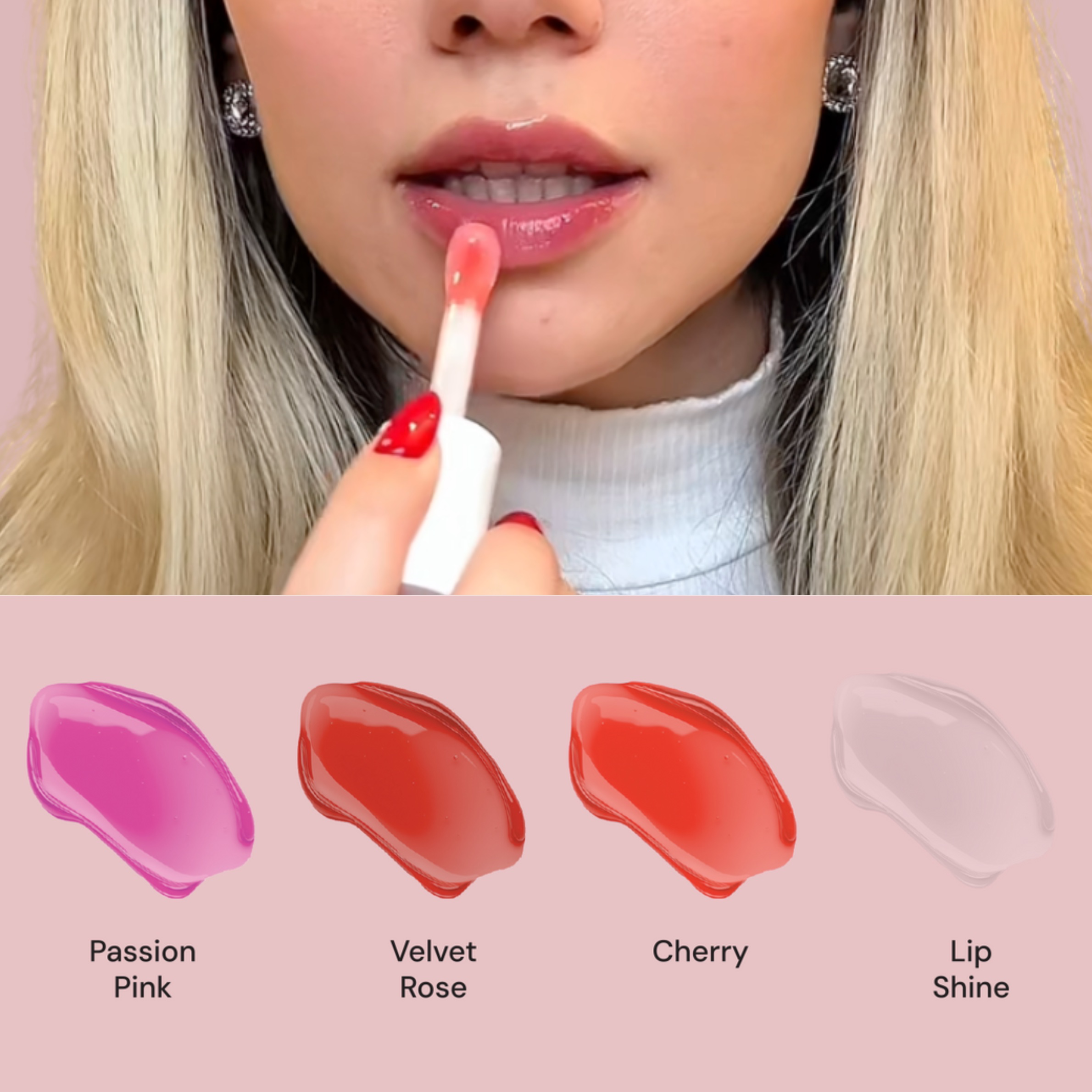 close up of person applying lip gloss with lip gloss shades listed