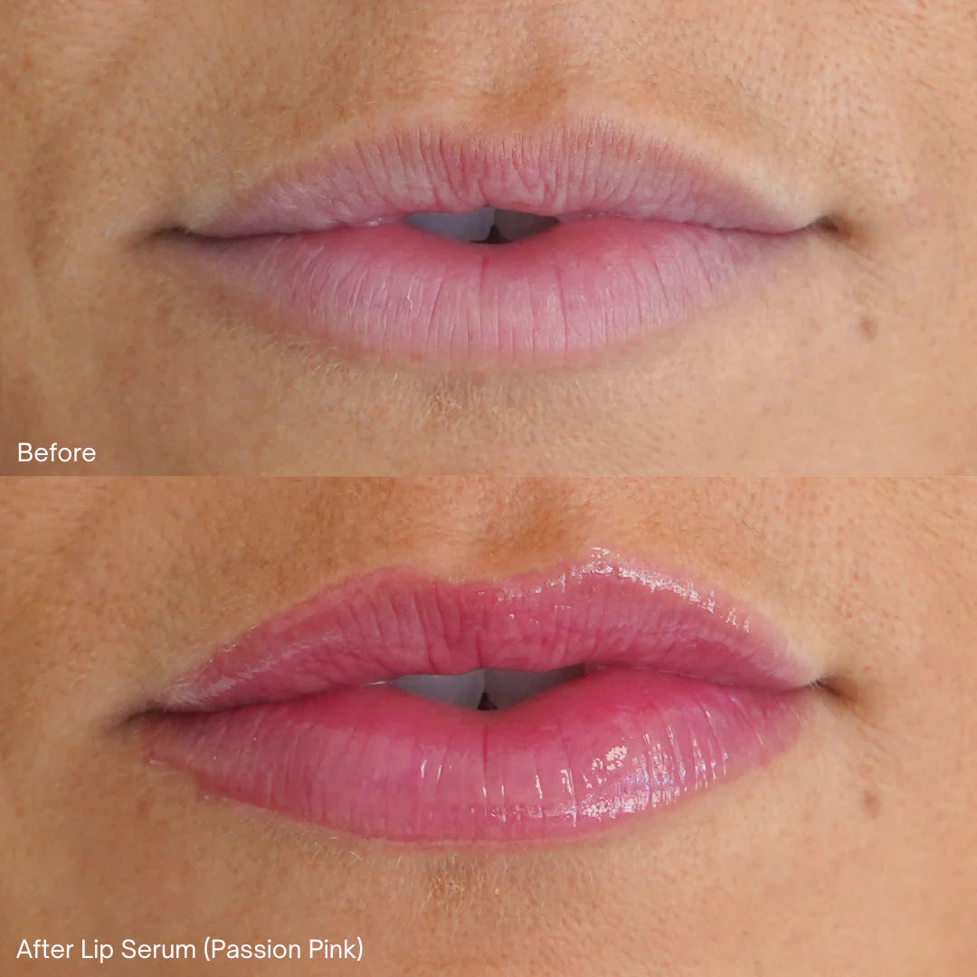 before and after lip serum in passion pink