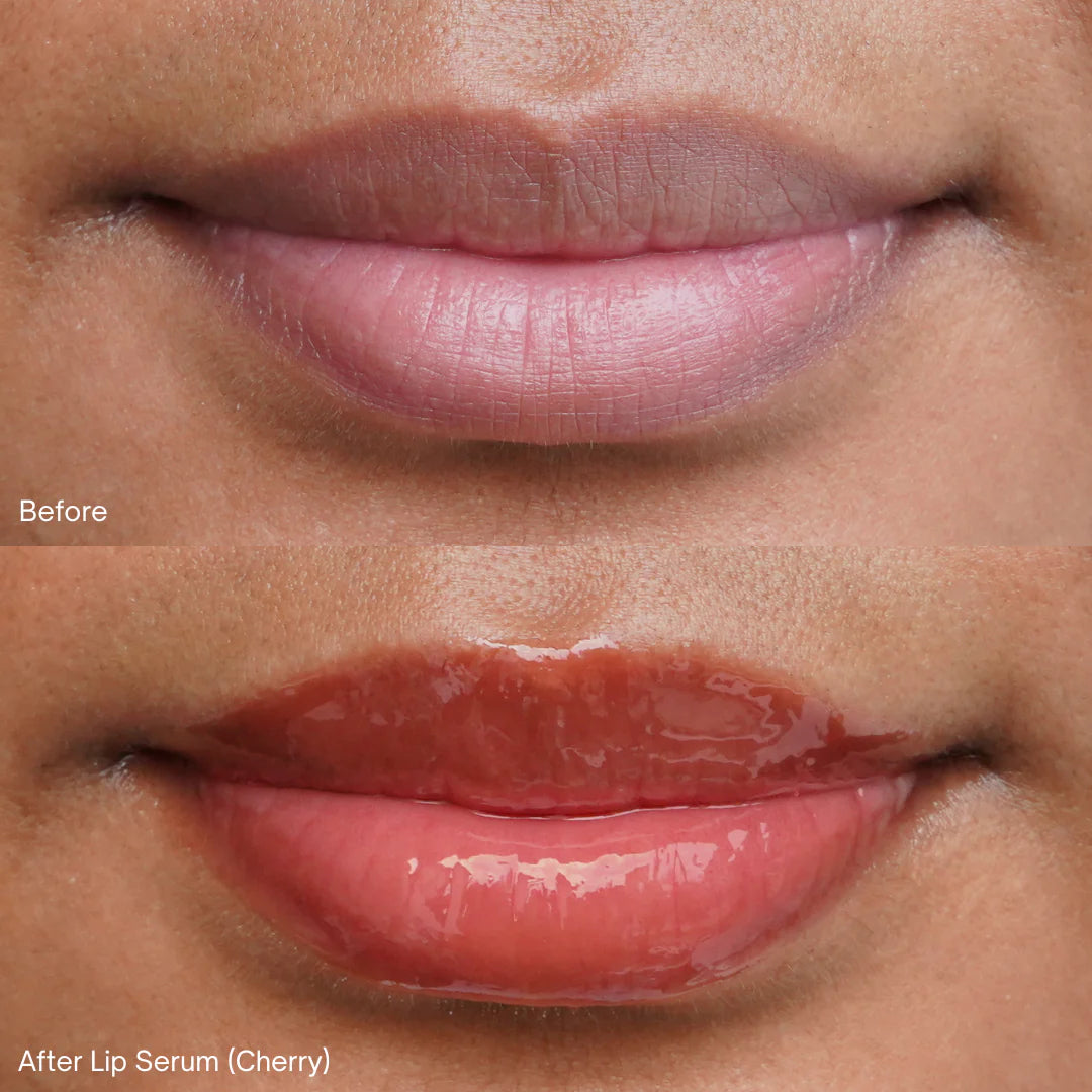 before and after lip serum in shade cherry