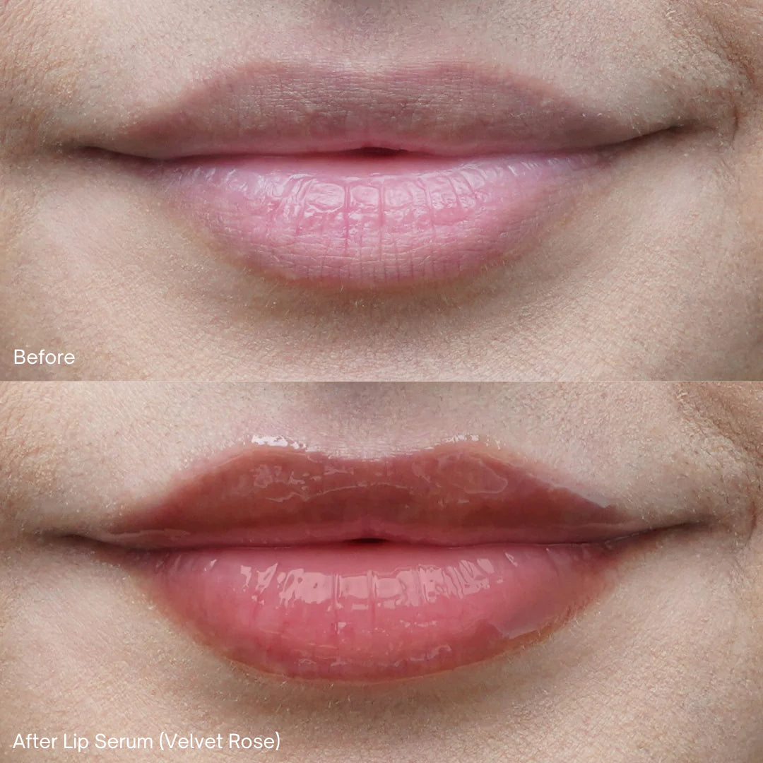 Before and after lip serum in velvet rose