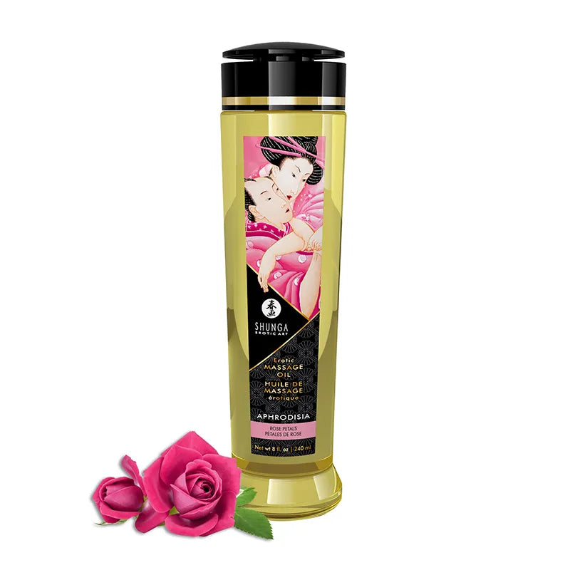 Bottle of Shunga massage oil with a design of two women and pink roses on a white background
