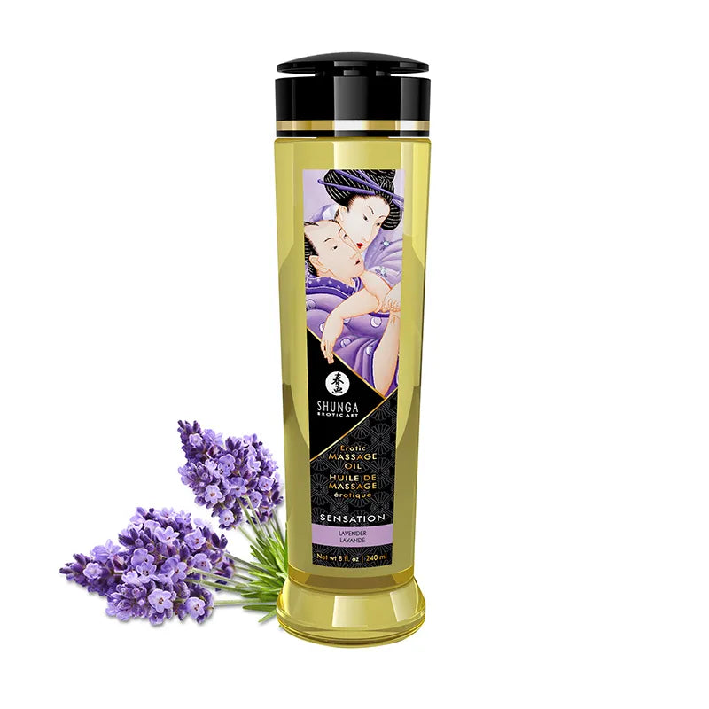 Shunga massage oil bottle with lavender flowers on a white background