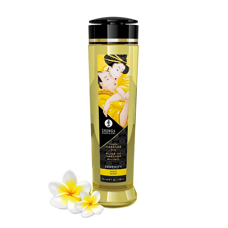 Shunga massage oil bottle with floral design on a white background