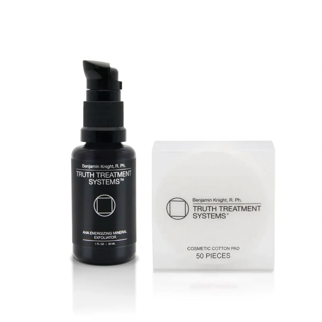 bottle of Truth Treatment SYstems AHA Energizing Exfoliator with cotton pads