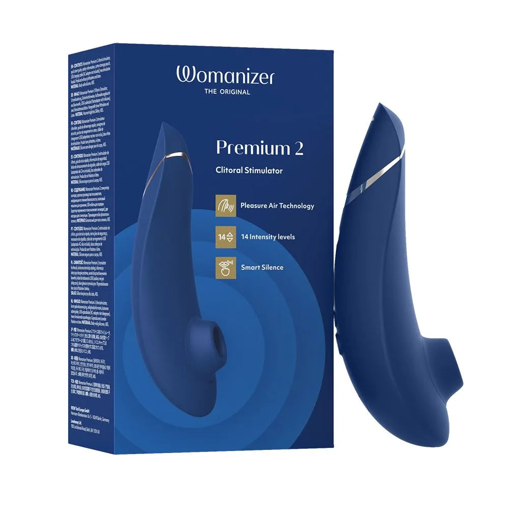 Womanizer Premium 2 clear stimulator packaging on a white background