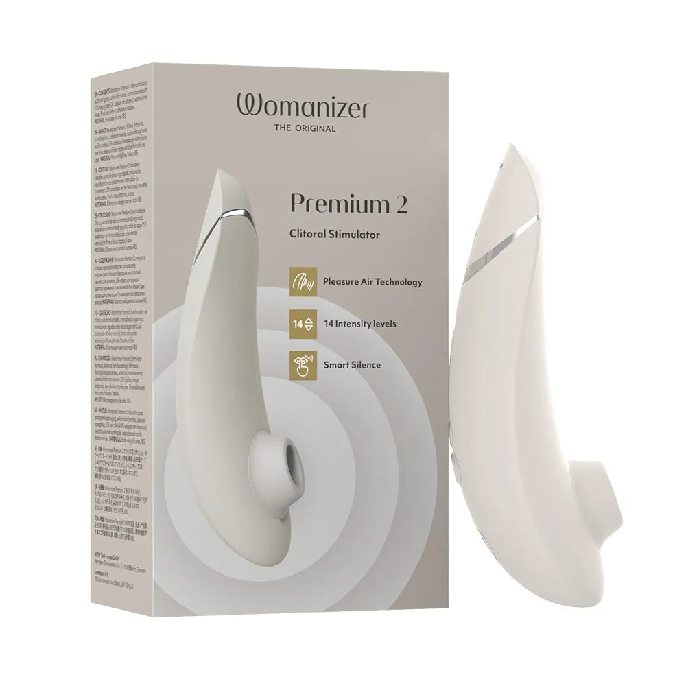 Womanizer Premium 2 Clitoral Stimulator packaging on a white background