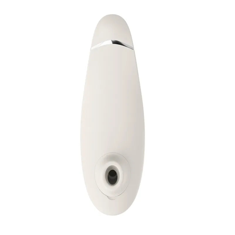 A white teardrop-shaped personal massager with a small silver accent near the top and a circular opening at the bottom, shown on a plain white background.
