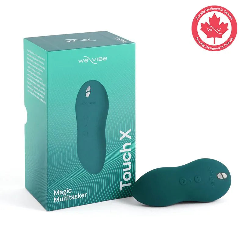 Teal WeVibe Touch X device with packaging on a white background