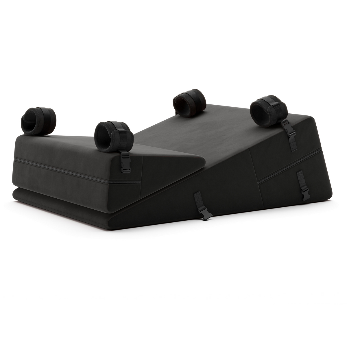 Black wedge-shaped product with cylindrical components on a white background