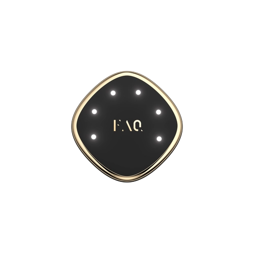Black and gold compact mirror with 'FAQ' branding on a white background
