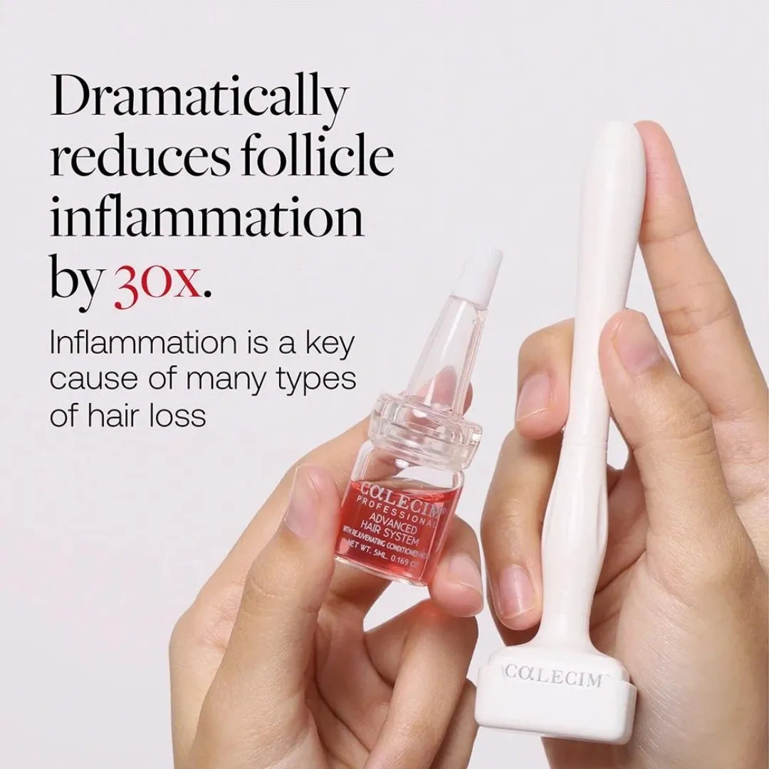 hands holding calecim professional advanced hair system serum bottle and appliator with text