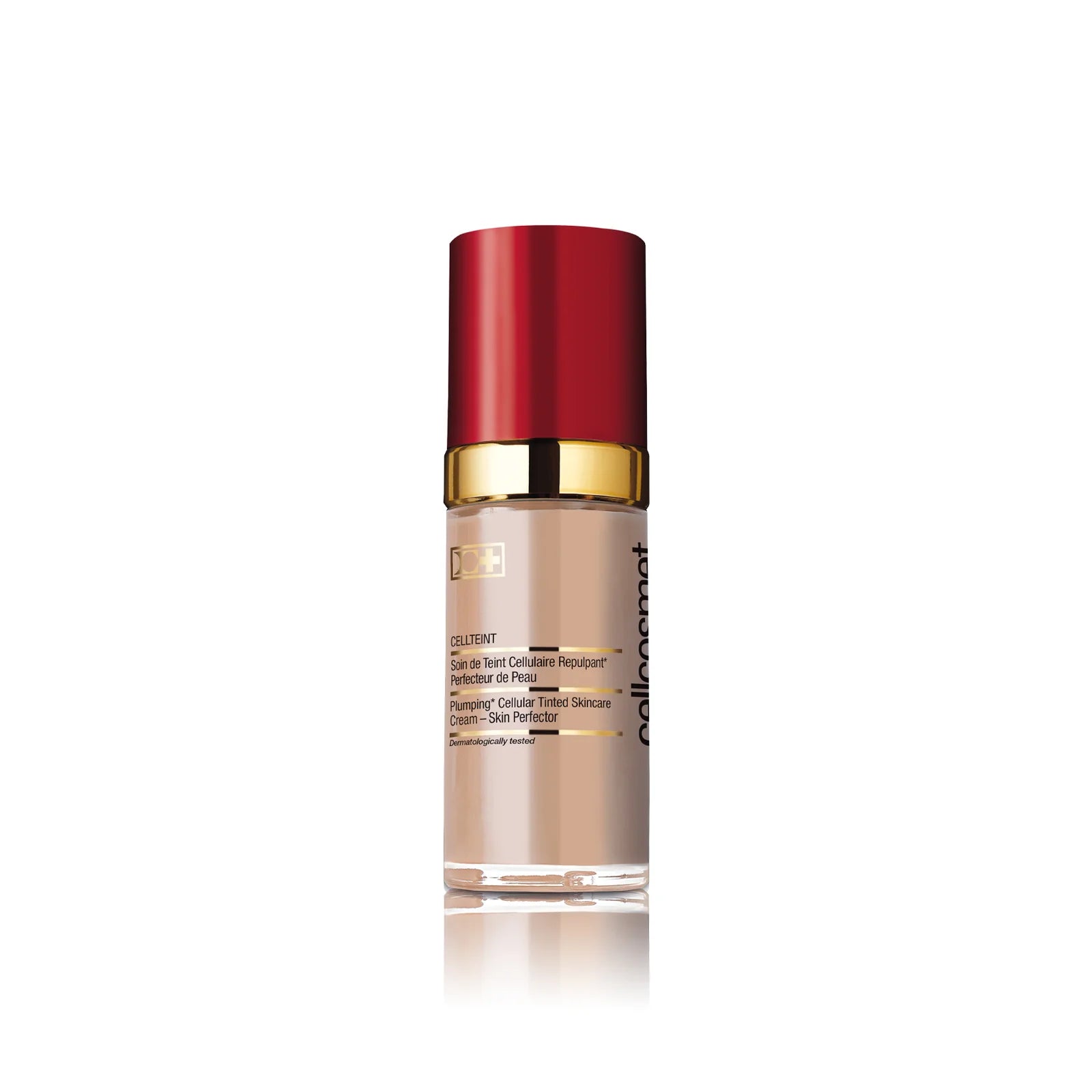 CELLTEINT Makeup bottle with red cap and beige cream inside on a white background