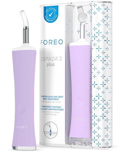 FOREO Espada 2 Plus spot treatment device with packaging on a white background