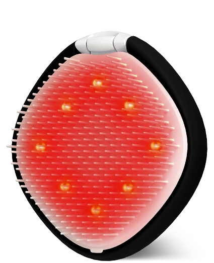 A teardrop-shaped red light therapy scalp massager with a black outer frame, white handle, and multiple glowing red LED lights on a white background.